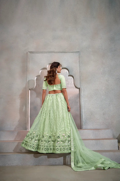 Lehenga Choli Rose Vert Menthe en Tulle | Broderies de Fils et Sequins