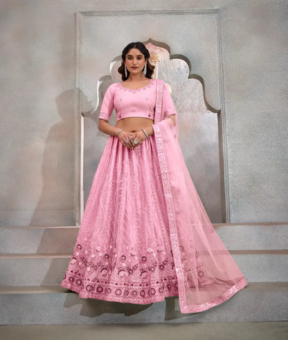 Lehenga Choli Rose Poudré en Tulle | Broderies de Fils et Sequins