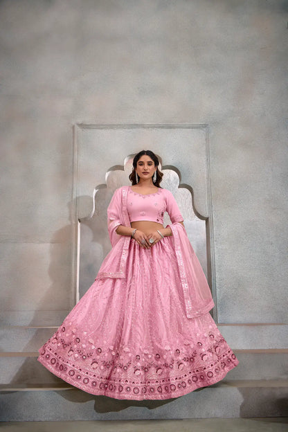 Lehenga Choli Rose Poudré en Tulle | Broderies de Fils et Sequins