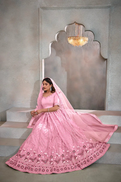 Lehenga Choli Rose Poudré en Tulle | Broderies de Fils et Sequins