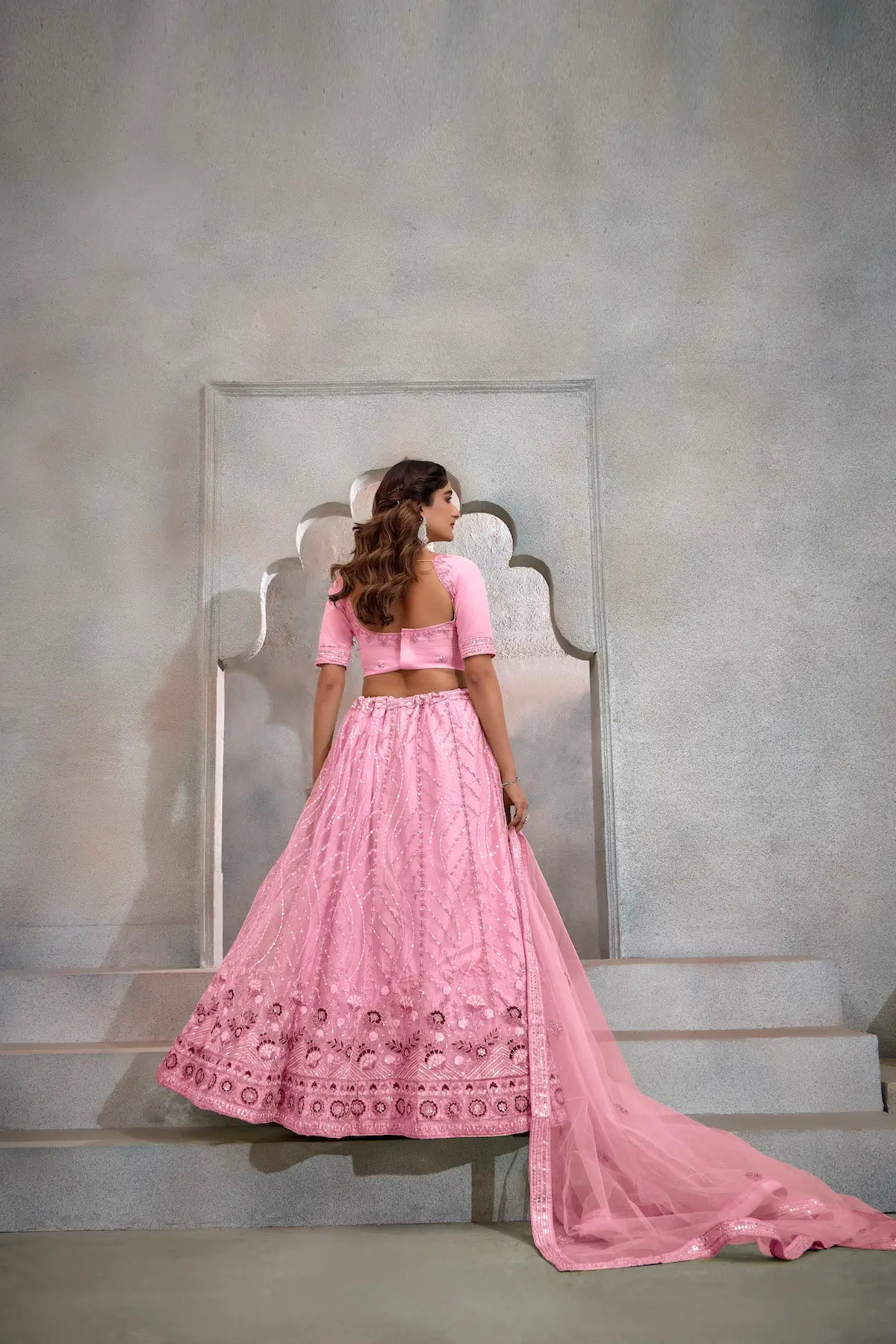 Lehenga Choli Rose Poudré en Tulle | Broderies de Fils et Sequins