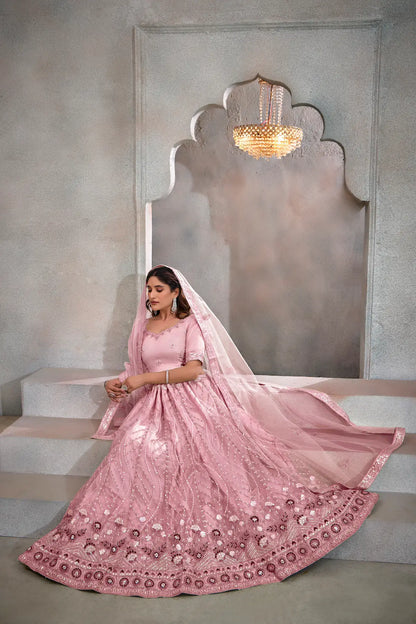 Lehenga Choli Pêche Rose Foncé en Tulle | Broderies de Fils et Sequins