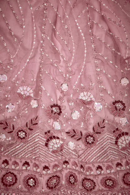 Lehenga Choli Pêche Rose Foncé en Tulle | Broderies de Fils et Sequins