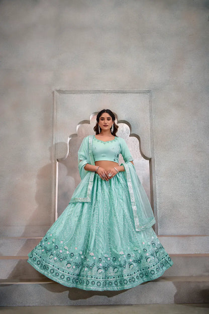 Lehenga Choli Bleu Turquoise en Tulle | Broderies de Fils et Sequins