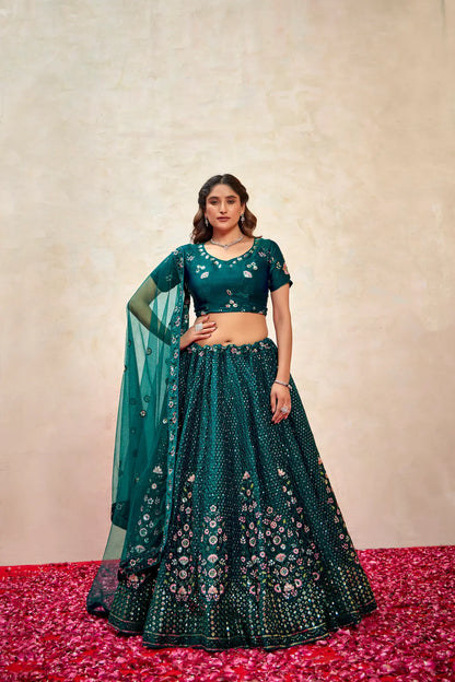Lehenga Choli en filet vert sarcelle avec broderie au fil et sequins