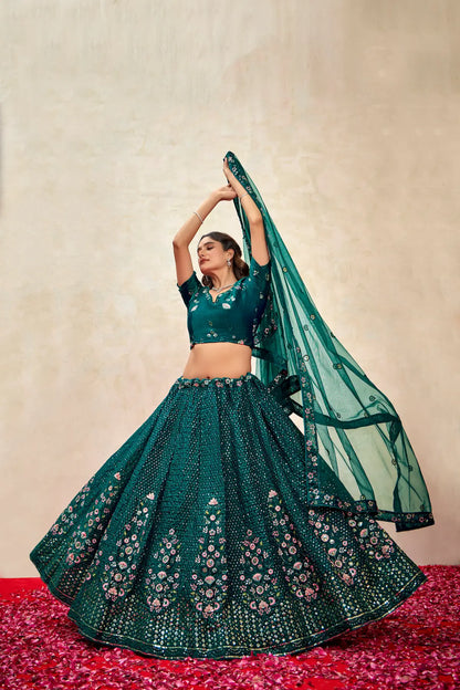 Lehenga Choli en filet vert sarcelle avec broderie au fil et sequins