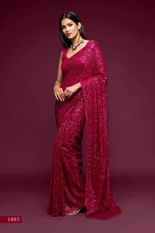 Fuchsia georgette sari with thread embroidery and multiple sequins NAYA COLLECTION
