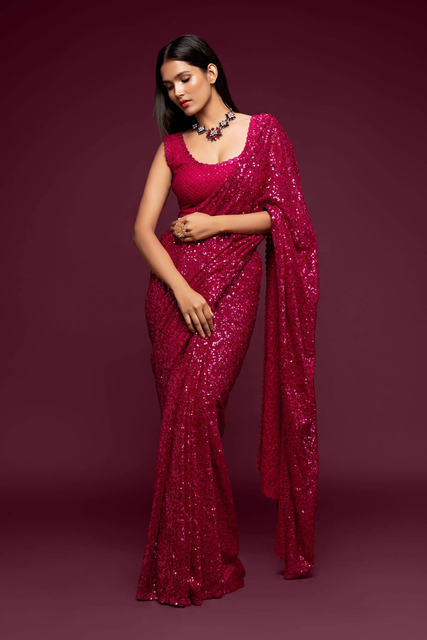 Fuchsia georgette sari with thread embroidery and multiple sequins NAYA COLLECTION