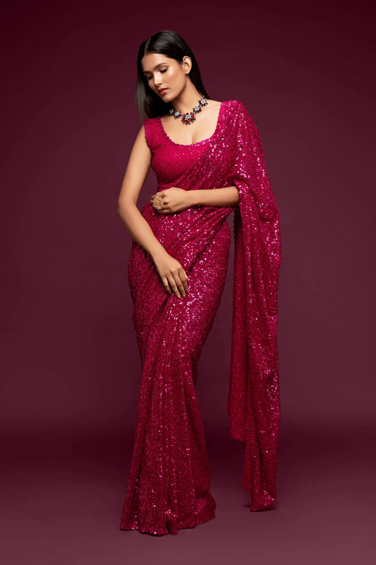 Fuchsia georgette sari with thread embroidery and multiple sequins NAYA COLLECTION