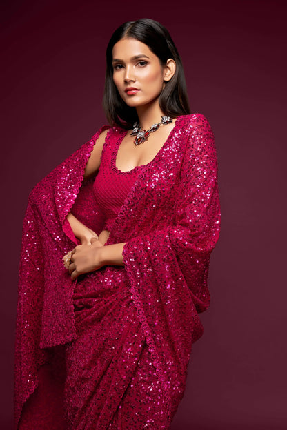 Fuchsia georgette sari with thread embroidery and multiple sequins NAYA COLLECTION