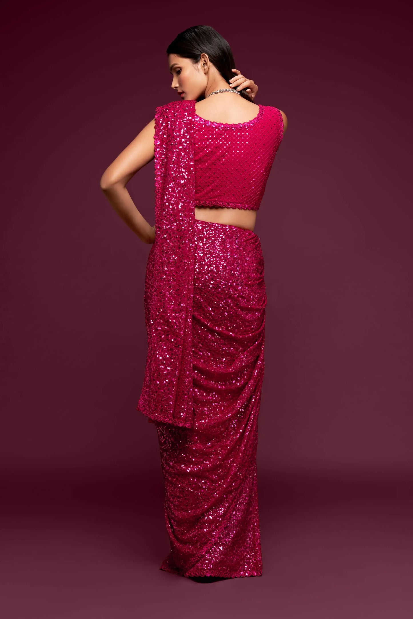 Fuchsia georgette sari with thread embroidery and multiple sequins NAYA COLLECTION