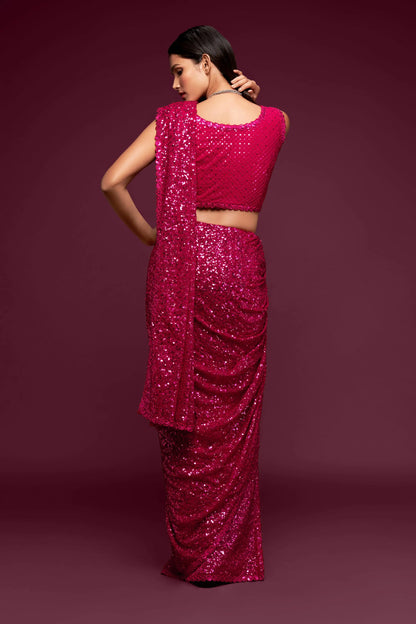 Fuchsia georgette sari with thread embroidery and multiple sequins NAYA COLLECTION