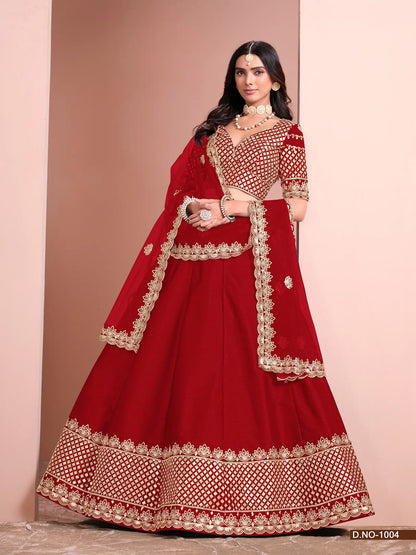 Designer Lehenga Choli en soie art rouge avec broderie au fil et sequins