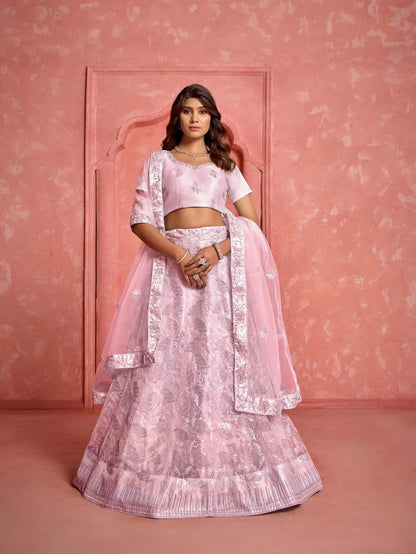 Lehenga Choli Rose Pâle en Tissu Filet avec Broderies au Fil et Sequins – Une élégance délicate pour sublimer vos occasions festives