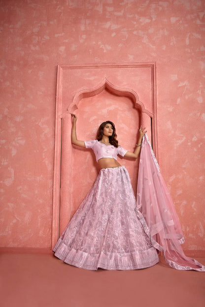 Lehenga Choli Rose Pâle en Tissu Filet avec Broderies au Fil et Sequins – Une élégance délicate pour sublimer vos occasions festives