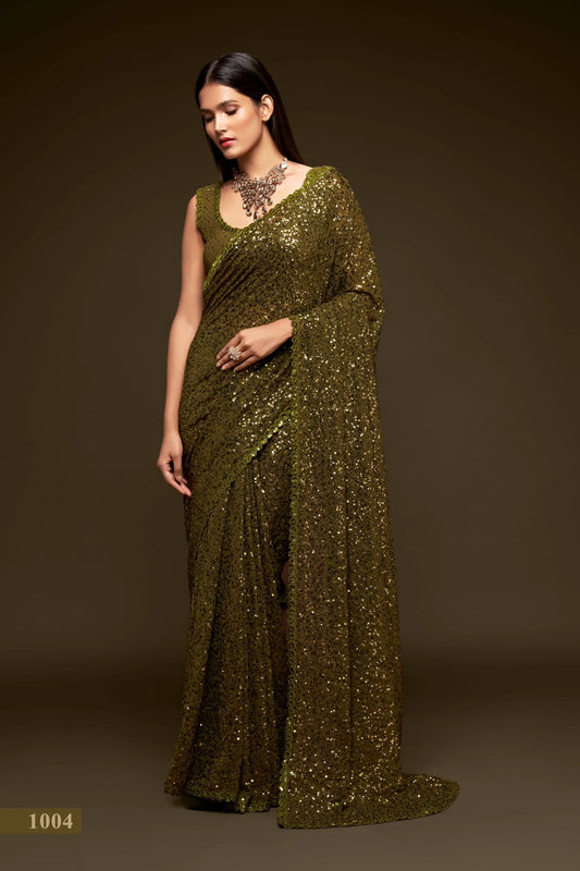 Olive green georgette sari with thread embroidery and multiple sequins NAYA COLLECTION