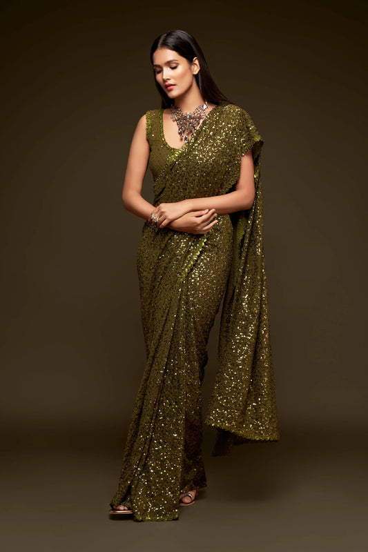 Olive green georgette sari with thread embroidery and multiple sequins NAYA COLLECTION