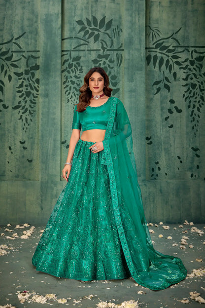 Lehenga Choli en filet vert persan avec broderie au fil et sequins