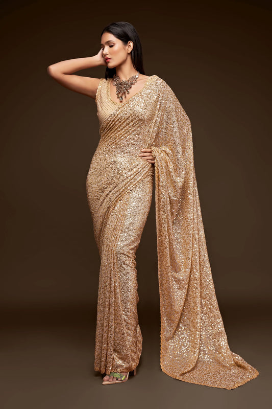 Vintage ivory beige georgette sari with thread embroidery and multiple sequins NAYA COLLECTION
