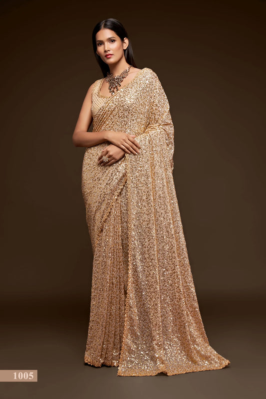 Vintage ivory beige georgette sari with thread embroidery and multiple sequins NAYA COLLECTION