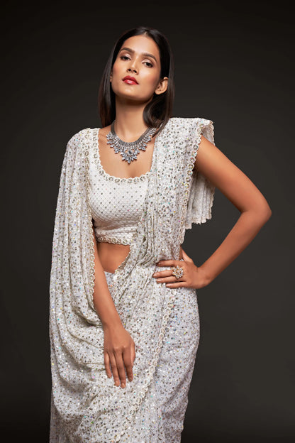 Pearly white georgette sari with thread embroidery and multiple sequins NAYA COLLECTION