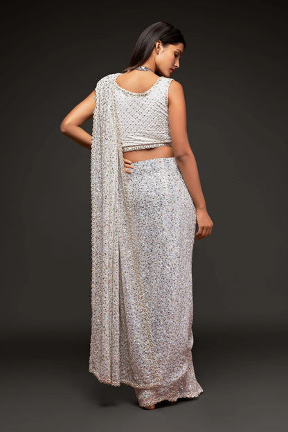 Pearly white georgette sari with thread embroidery and multiple sequins NAYA COLLECTION