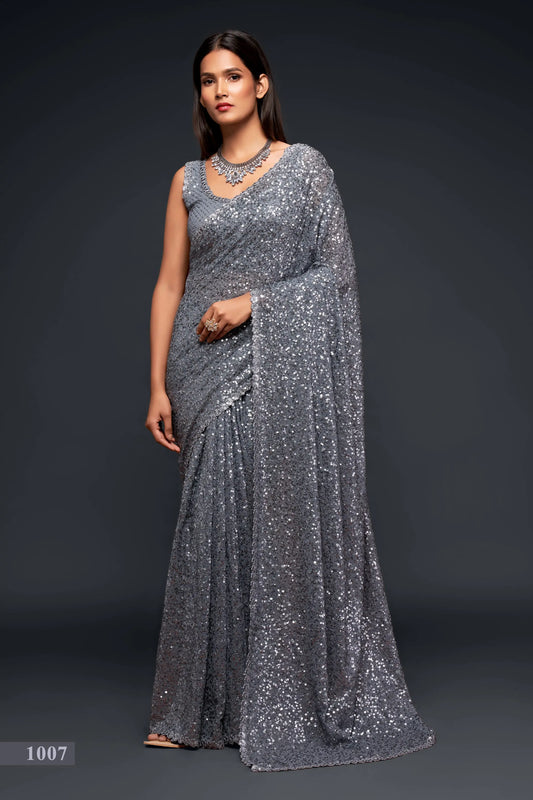 Slate gray georgette sari with thread embroidery and multiple sequins NAYA COLLECTION