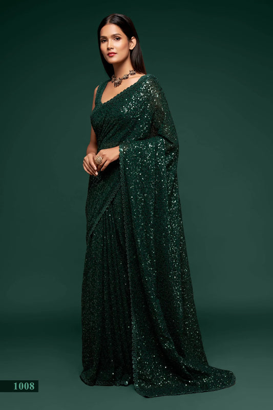 Dark green georgette sari with thread embroidery and multiple sequins NAYA COLLECTION