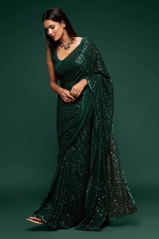 Dark green georgette sari with thread embroidery and multiple sequins NAYA COLLECTION