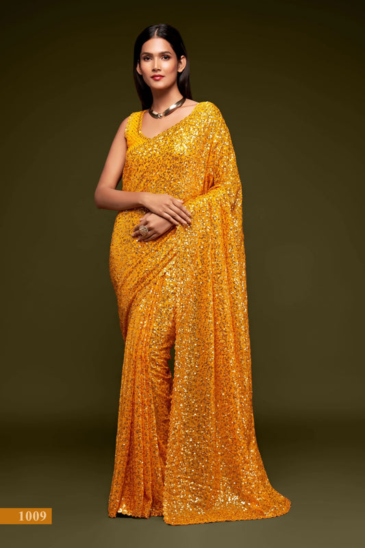 Safrangelber Georgette-Sari mit Fadenstickerei und mehreren Pailletten NAYA COLLECTION