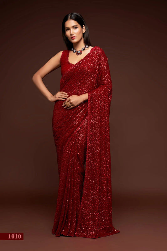 Rubinroter Georgette-Sari mit Fadenstickerei und mehreren Pailletten NAYA COLLECTION