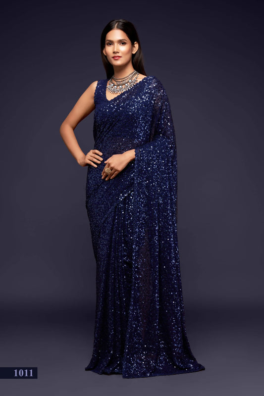 Marineblauer Georgette-Sari mit Fadenstickerei und mehreren Pailletten NAYA COLLECTION
