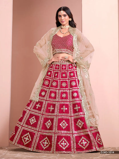 Designer Lehenga Choli en Soie Artificielle Rouge avec Broderies au Fil et Sequins