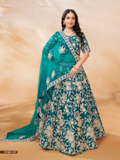 Lehenga choli en soie artificielle bleu sarcelle avec broderie en fils et sequins
