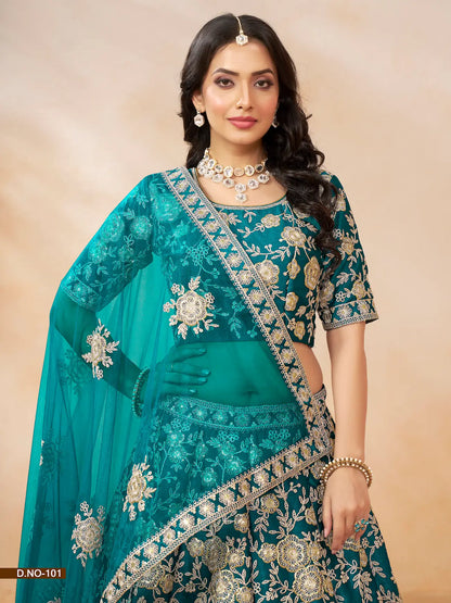 Lehenga choli en soie artificielle bleu sarcelle avec broderie en fils et sequins