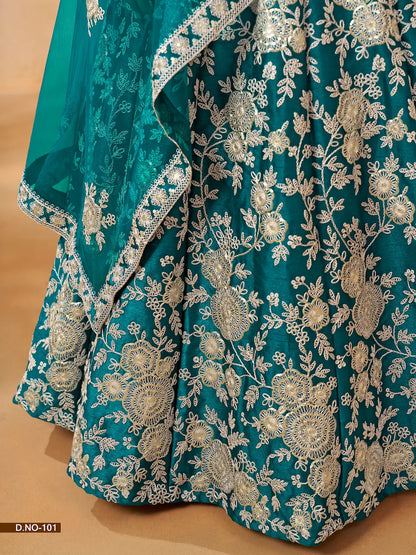 Lehenga choli en soie artificielle bleu sarcelle avec broderie en fils et sequins