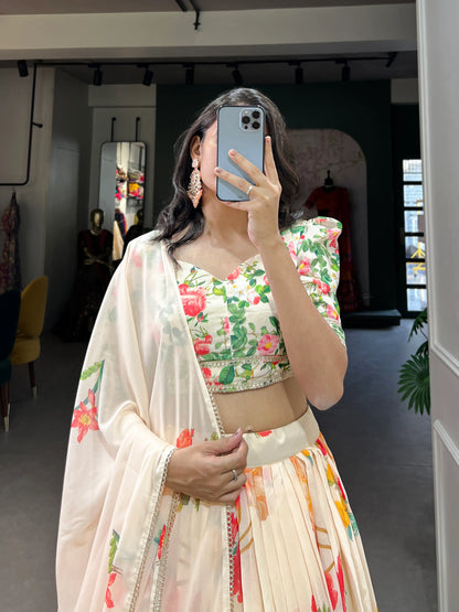 Lehenga Choli crème en georgette à imprimé floral