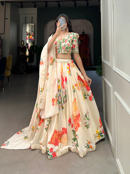 Lehenga Choli crème en georgette à imprimé floral