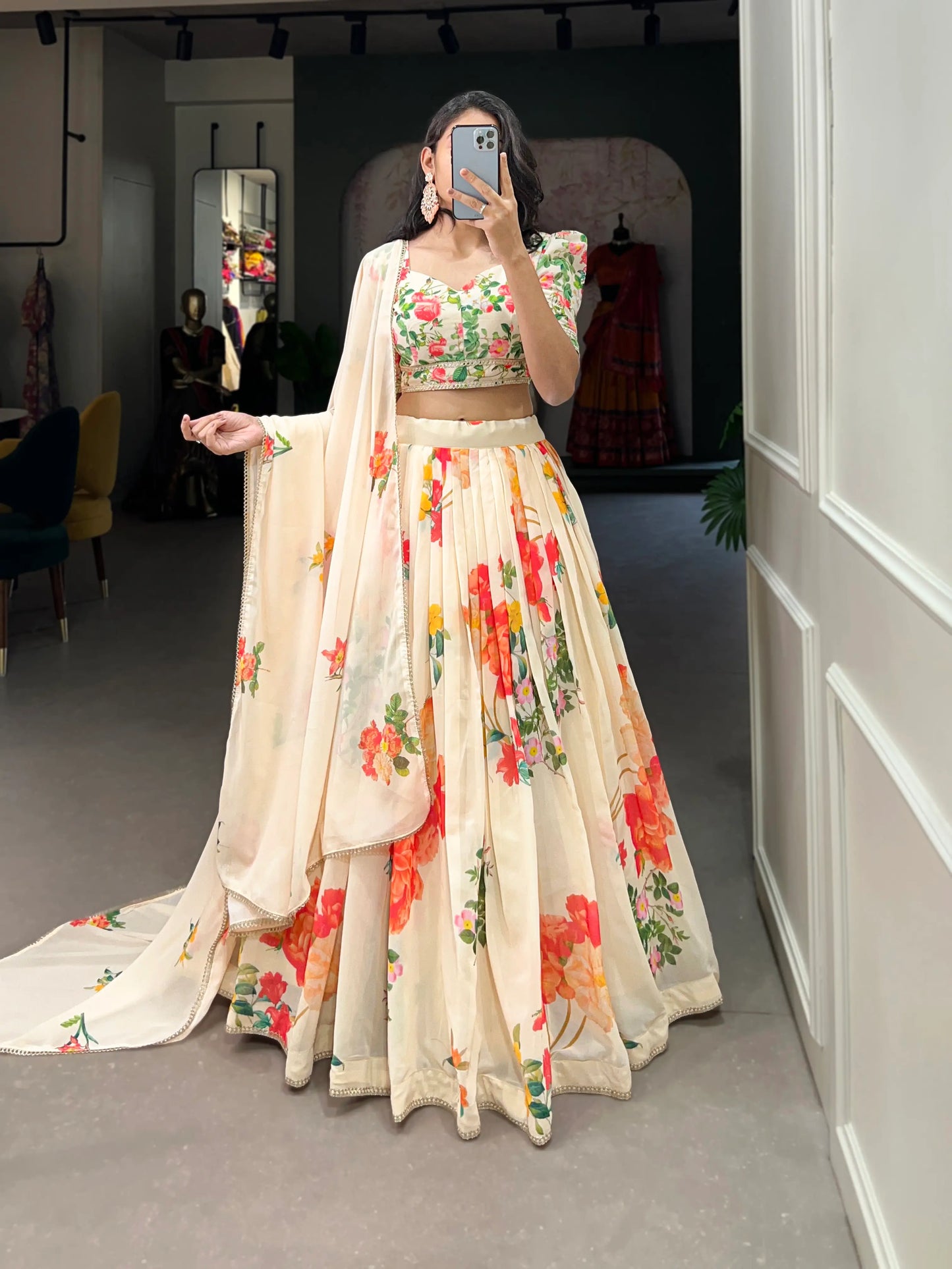 Lehenga Choli crème en georgette à imprimé floral