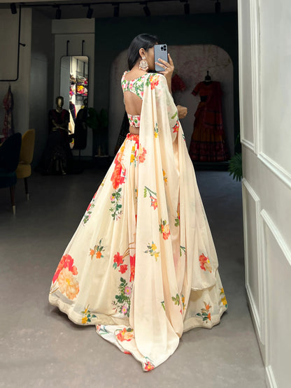 Lehenga Choli crème en georgette à imprimé floral