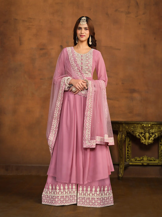 Hellrosa Georgette-Longtop und Palazzo-Set mit Fadenstickerei und Pailletten