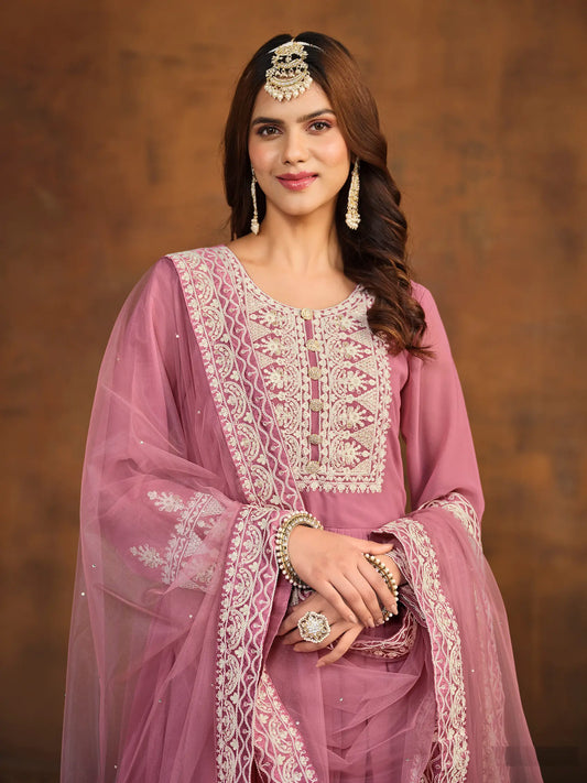 Hellrosa Georgette-Longtop und Palazzo-Set mit Fadenstickerei und Pailletten