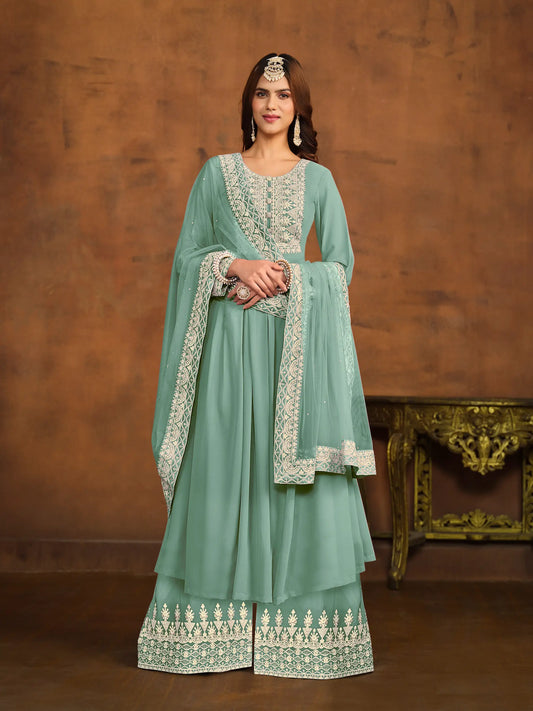 Himmelblaues Palazzo-Set aus Georgette mit Fadenstickerei und Pailletten