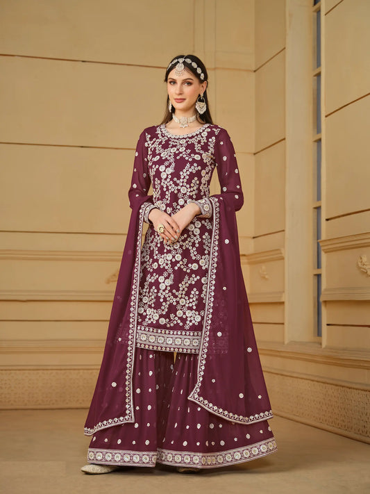 Sharara-Set aus burgunderfarbenem Georgette mit Fadenstickerei und Paillettenstickerei