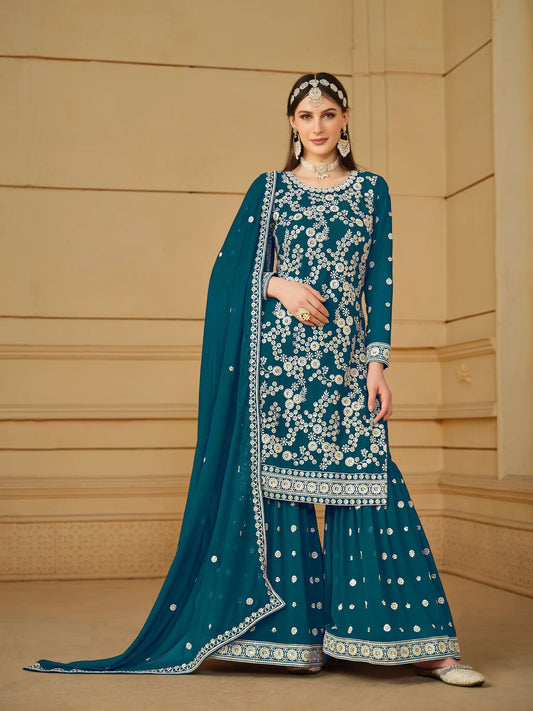 Blaugrünes Georgette-Sharara-Set mit Fadenstickerei und Pailletten