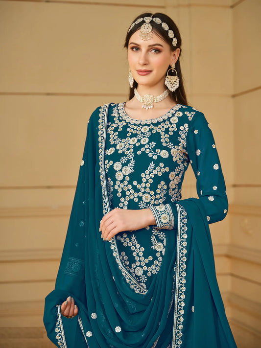 Blaugrünes Georgette-Sharara-Set mit Fadenstickerei und Pailletten