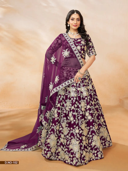 Lehenga Choli violet raisin en soie artificielle avec broderie au fil et sequins
