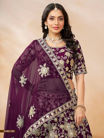 Lehenga Choli violet raisin en soie artificielle avec broderie au fil et sequins