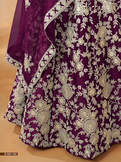Lehenga Choli violet raisin en soie artificielle avec broderie au fil et sequins