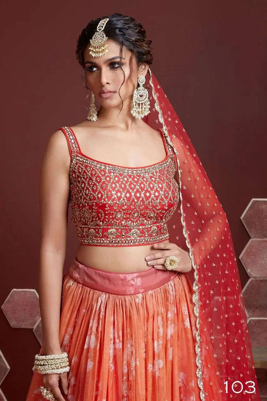 Lehenga orange lever de soleil avec imprimé numérique et broderie lourde, ornée de cristaux Swarovski et de véritables miroirs